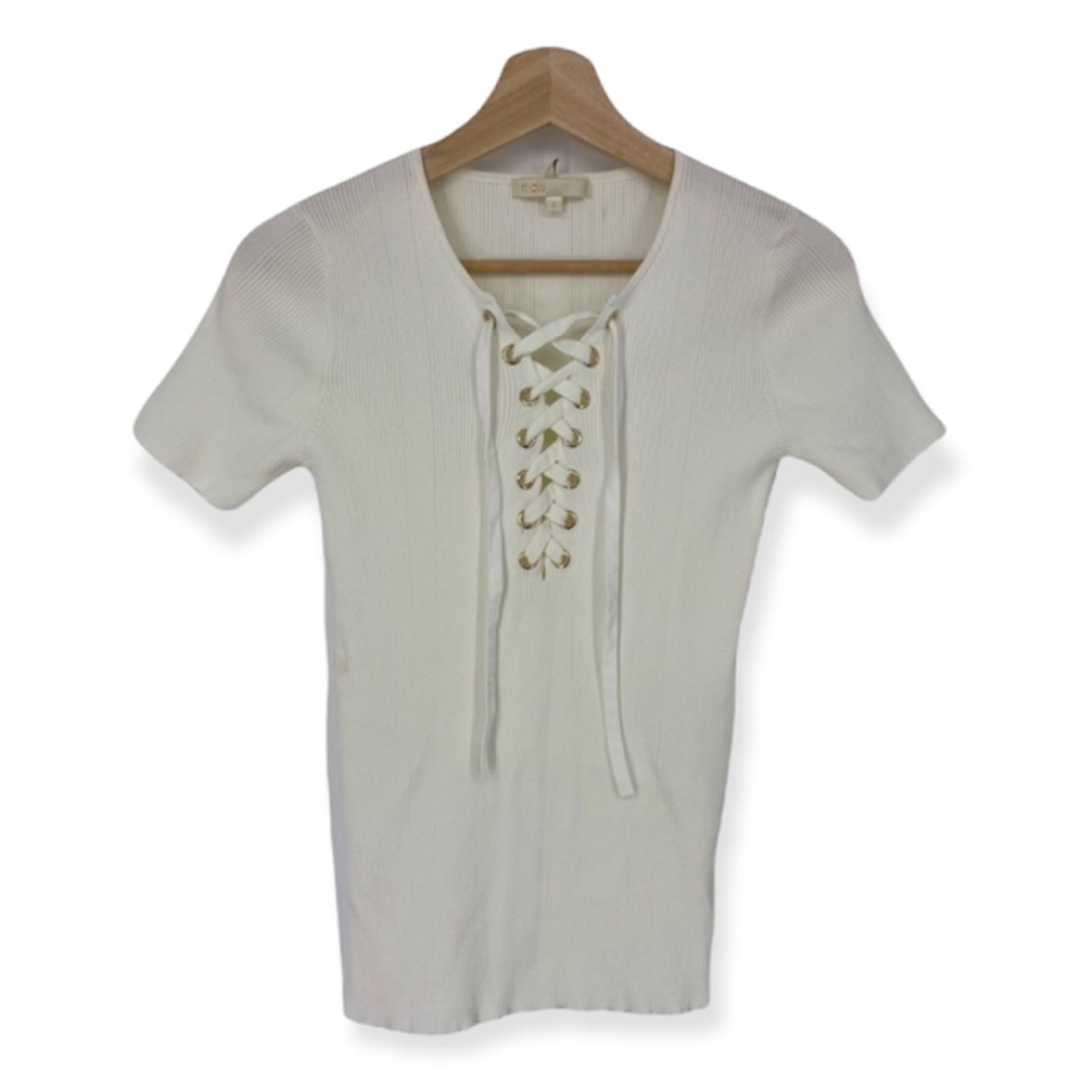 Maje White Lace up V-neck Tee Shirt Short Sleeve Top